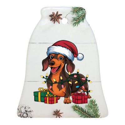 Xmas Lighting Santa Hat Dachshund Dog Christmas Gift Ceramic Bell Ornament