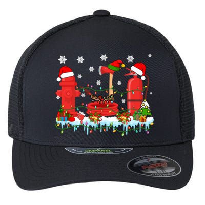 Xmas Lights Three Reindeer Santa Firefighter Tools Lover Gift Flexfit Unipanel Trucker Cap