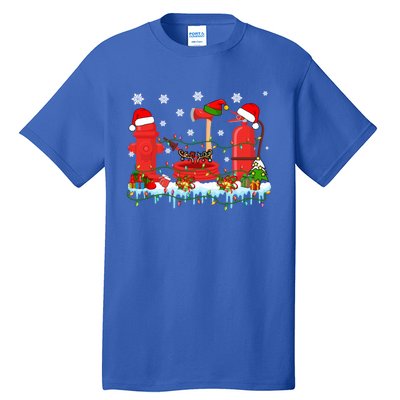 Xmas Lights Three Reindeer Santa Firefighter Tools Lover Gift Tall T-Shirt