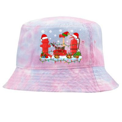 Xmas Lights Three Reindeer Santa Firefighter Tools Lover Gift Tie-Dyed Bucket Hat