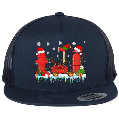 Xmas Lights Three Reindeer Santa Firefighter Tools Lover Gift Flat Bill Trucker Hat