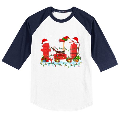 Xmas Lights Three Reindeer Santa Firefighter Tools Lover Gift Baseball Sleeve Shirt