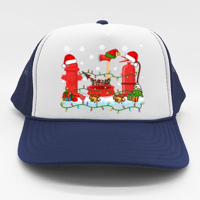 Xmas Lights Three Reindeer Santa Firefighter Tools Lover Gift Trucker Hat