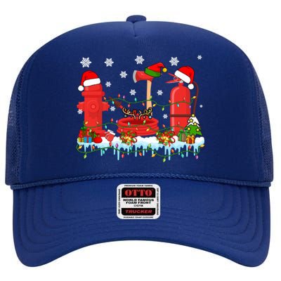 Xmas Lights Three Reindeer Santa Firefighter Tools Lover Gift High Crown Mesh Back Trucker Hat