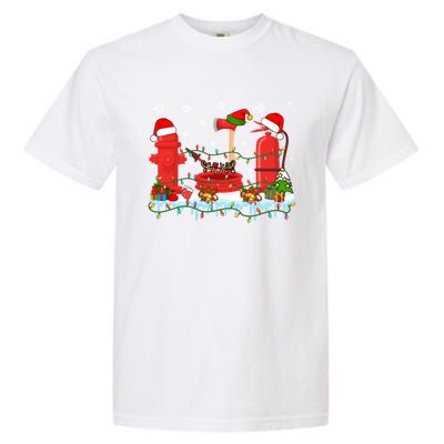 Xmas Lights Three Reindeer Santa Firefighter Tools Lover Gift Garment-Dyed Heavyweight T-Shirt