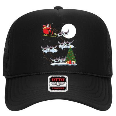 Xmas Lighting Tree Santa Riding Manta Ray Fish Christmas High Crown Mesh Back Trucker Hat