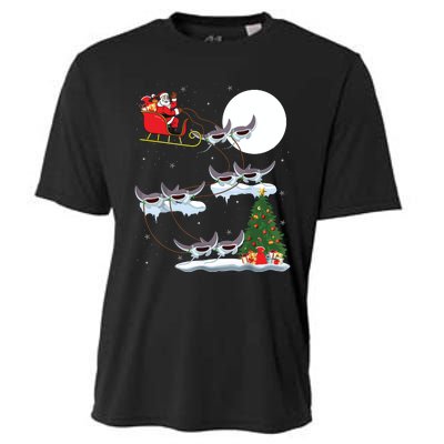 Xmas Lighting Tree Santa Riding Manta Ray Fish Christmas Cooling Performance Crew T-Shirt