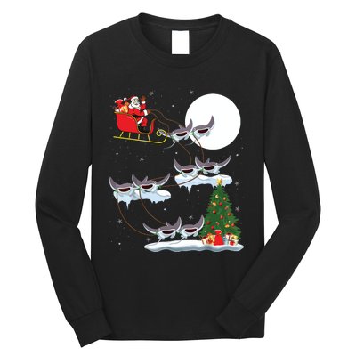 Xmas Lighting Tree Santa Riding Manta Ray Fish Christmas Long Sleeve Shirt