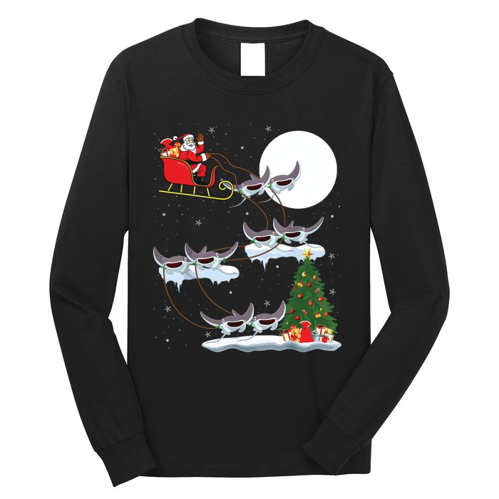 Xmas Lighting Tree Santa Riding Manta Ray Fish Christmas Long Sleeve Shirt