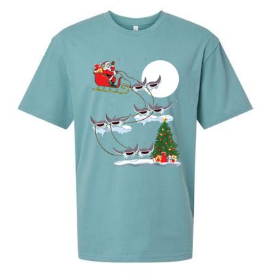 Xmas Lighting Tree Santa Riding Manta Ray Fish Christmas Sueded Cloud Jersey T-Shirt