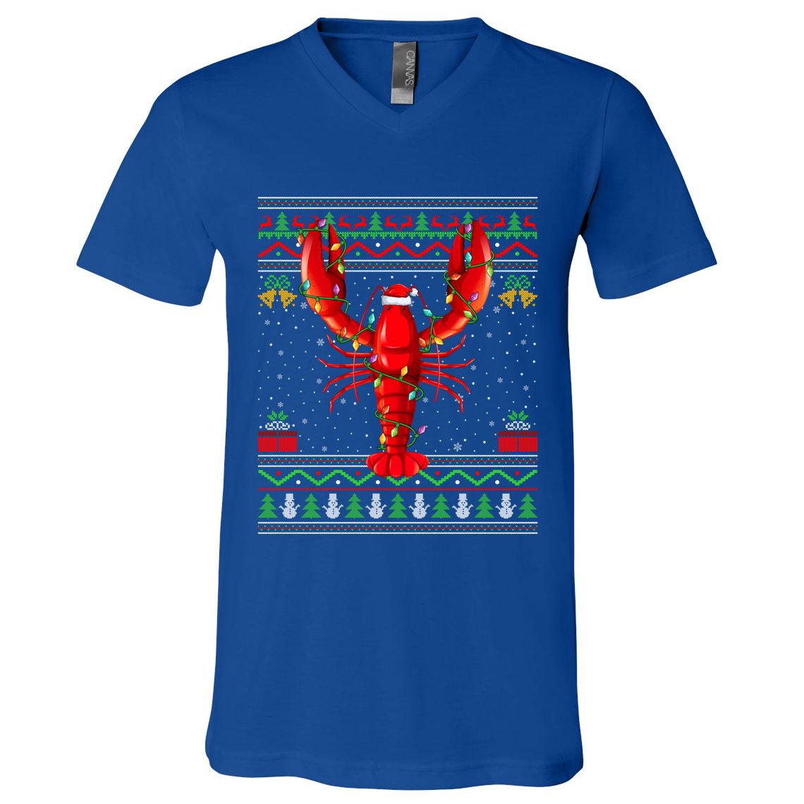 Xmas Lights Ugly Style Santa Lobster Fish Christmas Gift V-Neck T-Shirt