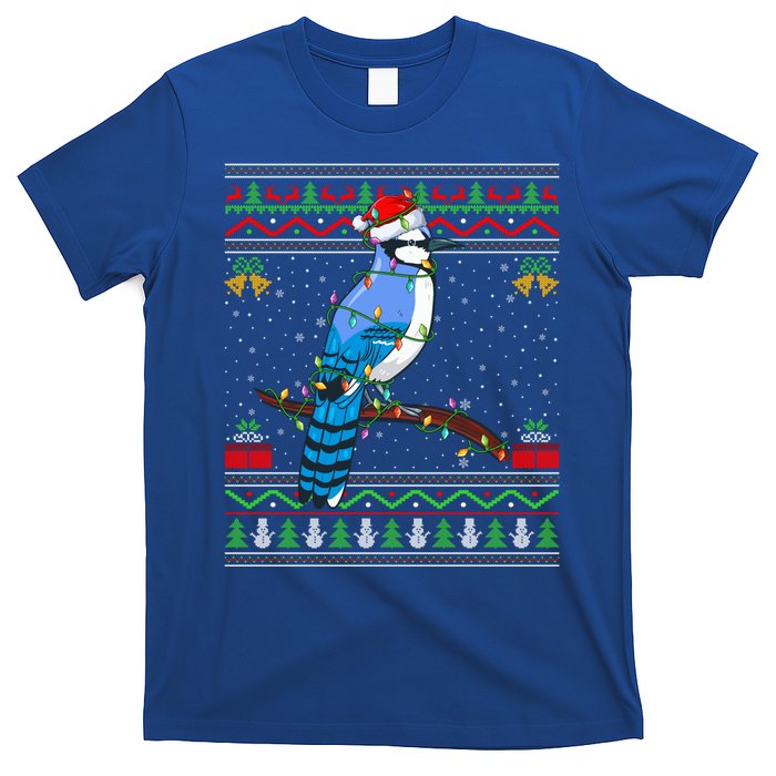 Xmas Lights Ugly Style Santa Blue Jay Bird Christmas Cute Gift T-Shirt