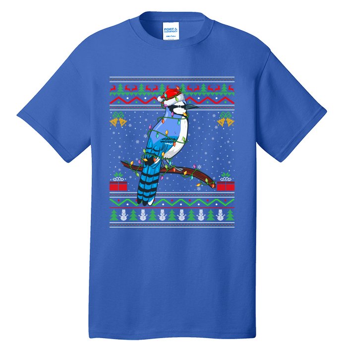 Xmas Lights Ugly Style Santa Blue Jay Bird Christmas Cute Gift Tall T-Shirt