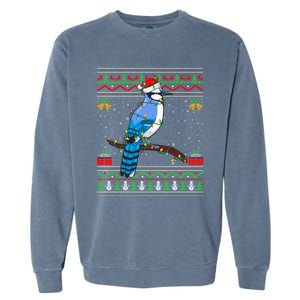 Xmas Lights Ugly Style Santa Blue Jay Bird Christmas Funny Gift Garment-Dyed Sweatshirt