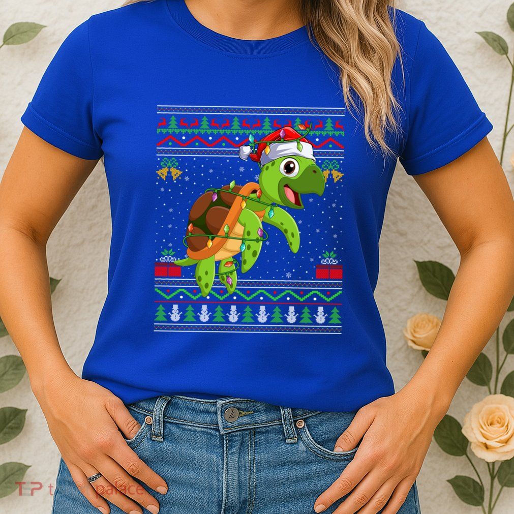 Xmas Lights Ugly Sweater Style Santa Sea Turtle Christmas Gift Womens T-Shirt