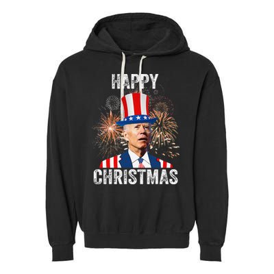 Xmas Merry Christmas Funny Happy 4th Of July Anti Joe Biden Garment-Dyed Fleece Hoodie