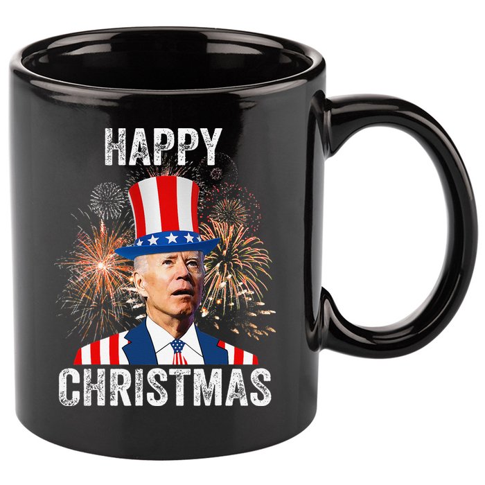 Xmas Merry Christmas Funny Happy 4th Of July Anti Joe Biden 11oz C Handle Ceramic Mug