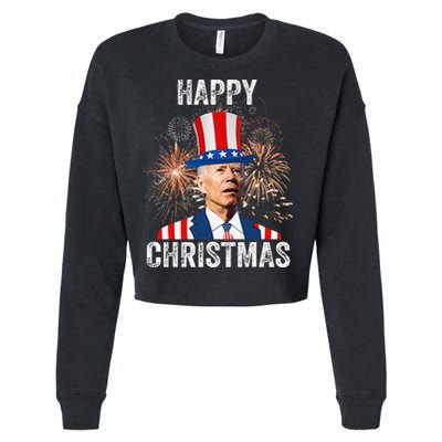 Xmas Merry Christmas Funny Happy 4th Of July Anti Joe Biden Cropped Pullover Crew