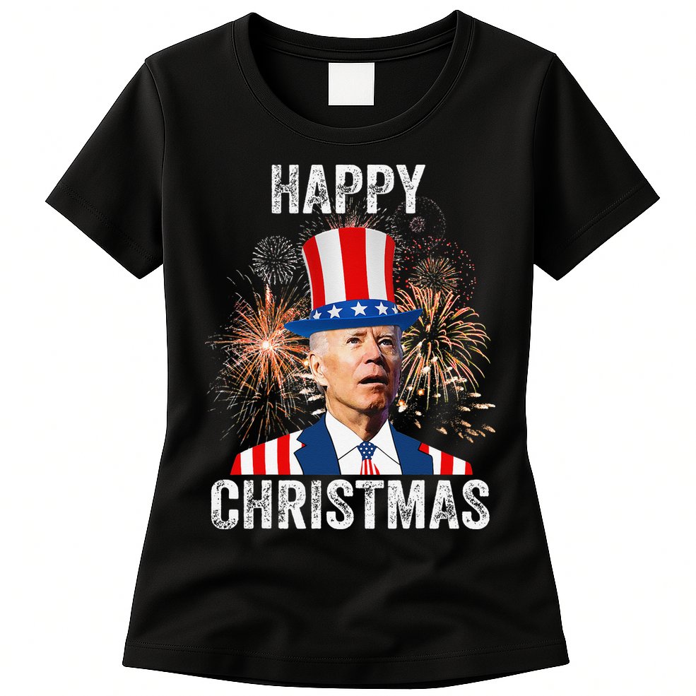 Xmas Merry Christmas Funny Happy 4th Of July Anti Joe Biden Womens T-Shirt