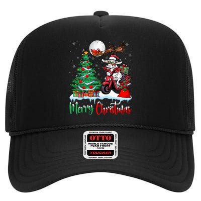 Xmas Merry Christmas Cow Cow Riding Motorcycle Santa Hat High Crown Mesh Back Trucker Hat