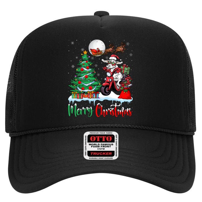 Xmas Merry Christmas Cow Cow Riding Motorcycle Santa Hat High Crown Mesh Back Trucker Hat