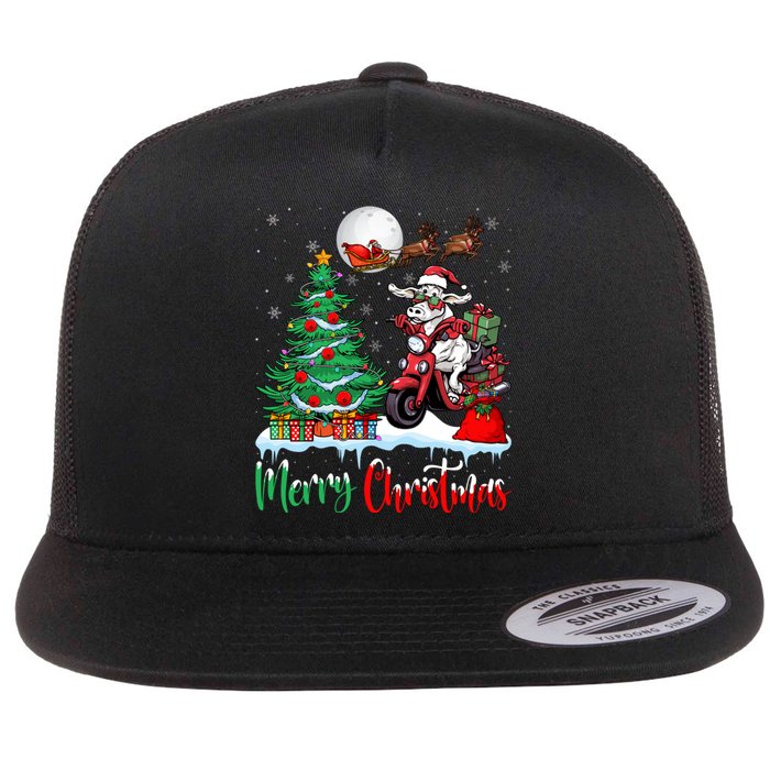 Xmas Merry Christmas Cow Cow Riding Motorcycle Santa Hat Flat Bill Trucker Hat