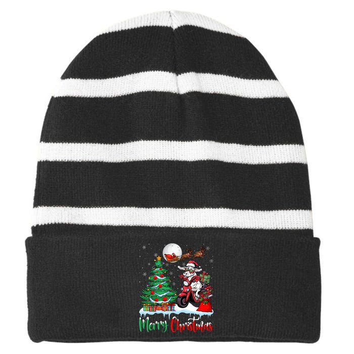 Xmas Merry Christmas Cow Cow Riding Motorcycle Santa Hat Striped Beanie with Solid Band