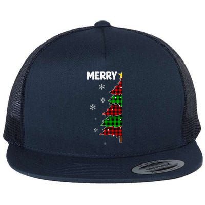 Xmas Matching Couples Merry Christmas Tree Buffalo Plaid Flat Bill Trucker Hat