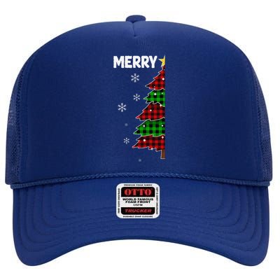 Xmas Matching Couples Merry Christmas Tree Buffalo Plaid High Crown Mesh Back Trucker Hat