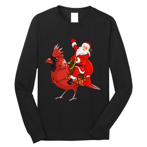 Xmas Matching Funny Santa Riding Northern Cardinal Christmas Long Sleeve Shirt