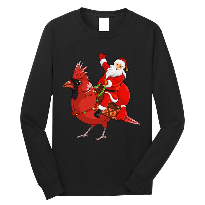 Xmas Matching Funny Santa Riding Northern Cardinal Christmas Long Sleeve Shirt