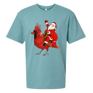 Xmas Matching Funny Santa Riding Northern Cardinal Christmas Sueded Cloud Jersey T-Shirt