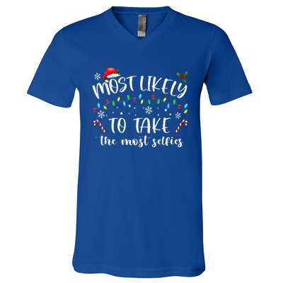 Xmas Most Likely To Take The Most Selfies Matching Family PJ V-Neck T-Shirt