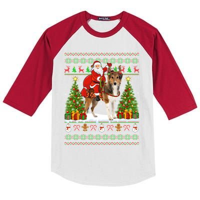 Xmas Matching Ugly Santa Riding Shetland Sheepdog Christmas Great Gift Kids Colorblock Raglan Jersey