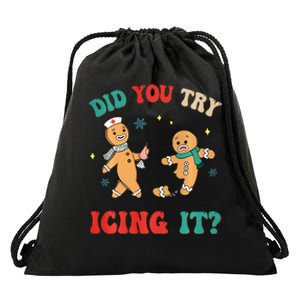 Xmas Nurse Gingerbread Man Did You Try Icing It Drawstring Bag