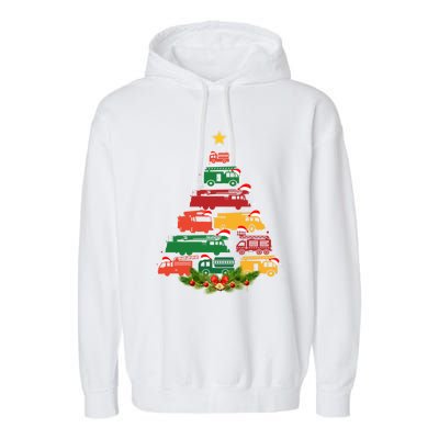 Xmas Outfits For Holiday Firefighter Truck Christmas Tree Great Gift Garment-Dyed Fleece Hoodie