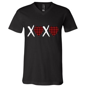 XOXO Plaid Pattern Love Heart V-Neck T-Shirt