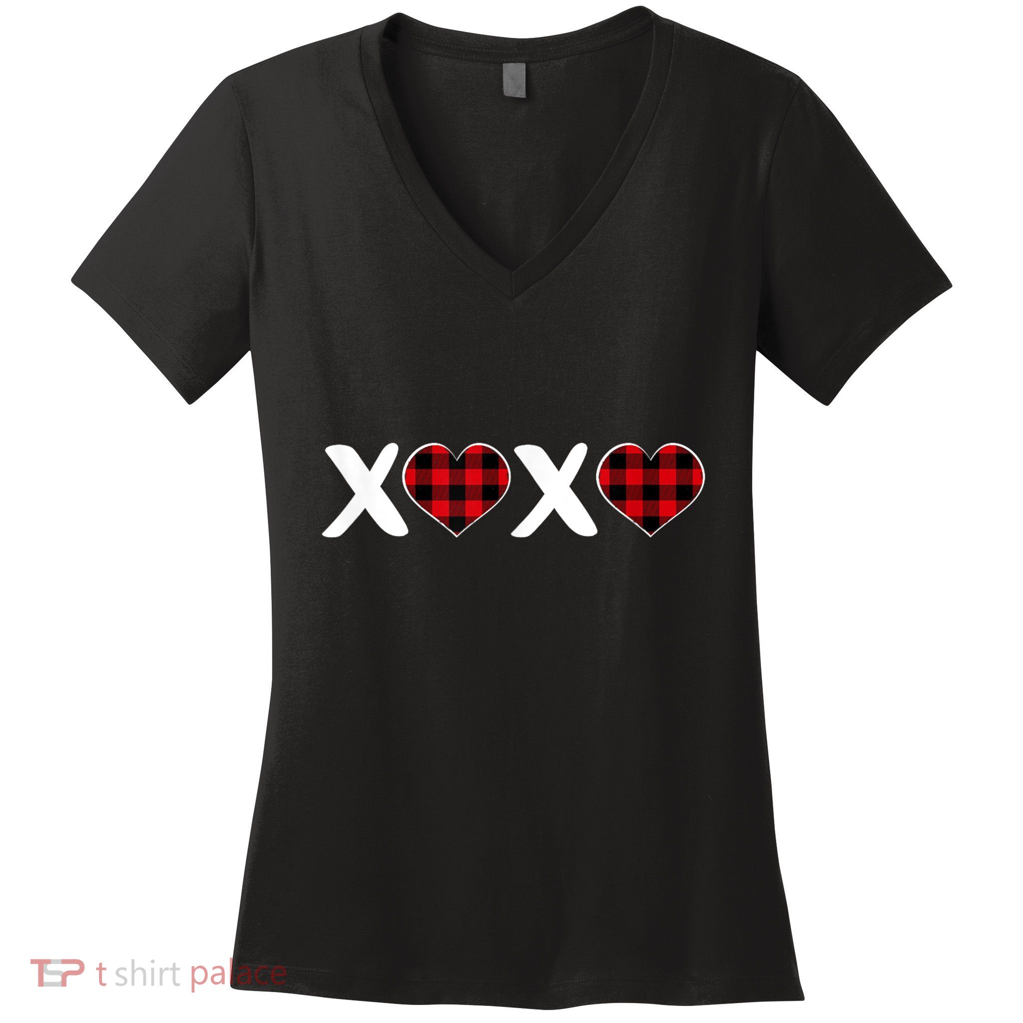 Xoxo Plaid Pattern Love Heart ValentineS Day Women's V-Neck T-Shirt