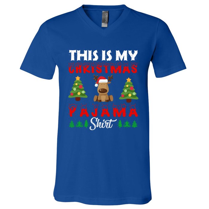 Xmas Pajama This Is My Christmas Pajama Reindeer Funny Gift V-Neck T-Shirt