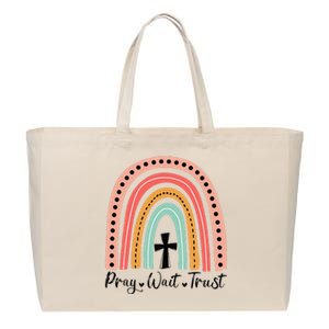 XozL Rainbow Pray Wait Trust Christian Faith Cross Cotton Canvas Jumbo Tote