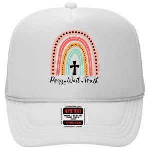 XozL Rainbow Pray Wait Trust Christian Faith Cross High Crown Mesh Back Trucker Hat