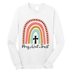 XozL Rainbow Pray Wait Trust Christian Faith Cross Long Sleeve Shirt