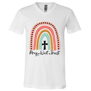 XozL Rainbow Pray Wait Trust Christian Faith Cross V-Neck T-Shirt