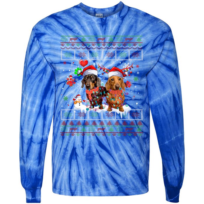 Xmas Reindeer Santa Hat Dachshund Dog Ugly Christmas Gift Tie-Dye Long Sleeve Shirt