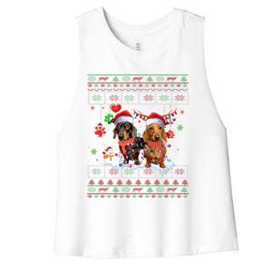 Xmas Reindeer Santa Hat Dachshund Dog Ugly Christmas Gift Women's Racerback Cropped Tank