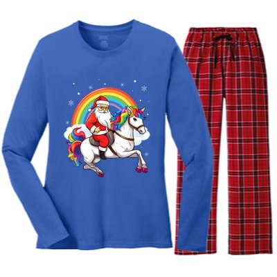 Xmas Rainbow Santa Riding Unicorn Christmas Gift Women's Long Sleeve Flannel Pajama Set 