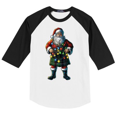 Xmas Santa Claus Hat Scottish Kilt Scotland Christmas Lights Gift Baseball Sleeve Shirt