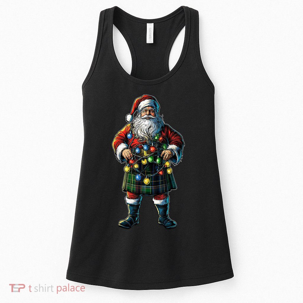 Xmas Santa Claus Hat Scottish Kilt Scotland Christmas Lights Gift Womens Tank Top