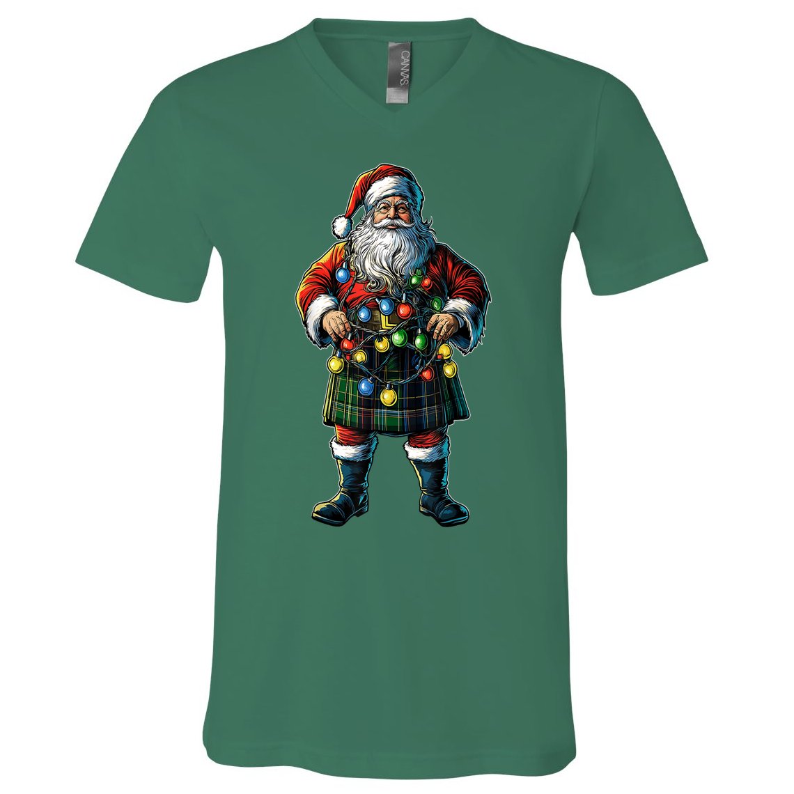 Xmas Santa Claus Hat Scottish Kilt Scotland Christmas Lights Gift V-Neck T-Shirt