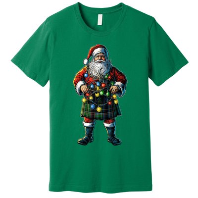 Xmas Santa Claus Hat Scottish Kilt Scotland Christmas Lights Gift Premium T-Shirt